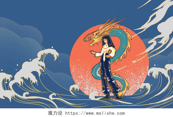 中秋 中秋节手绘中国风国潮龙与少女原创插画海报